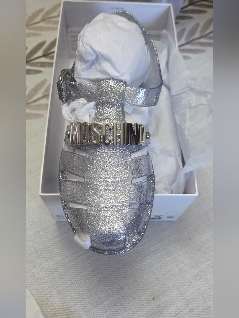 Moschino Silver Glitter Logo Jelly Sandal